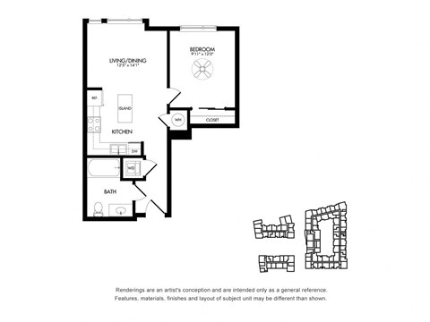 Floor plan for 1 bed, 1 bath, 585 sqft